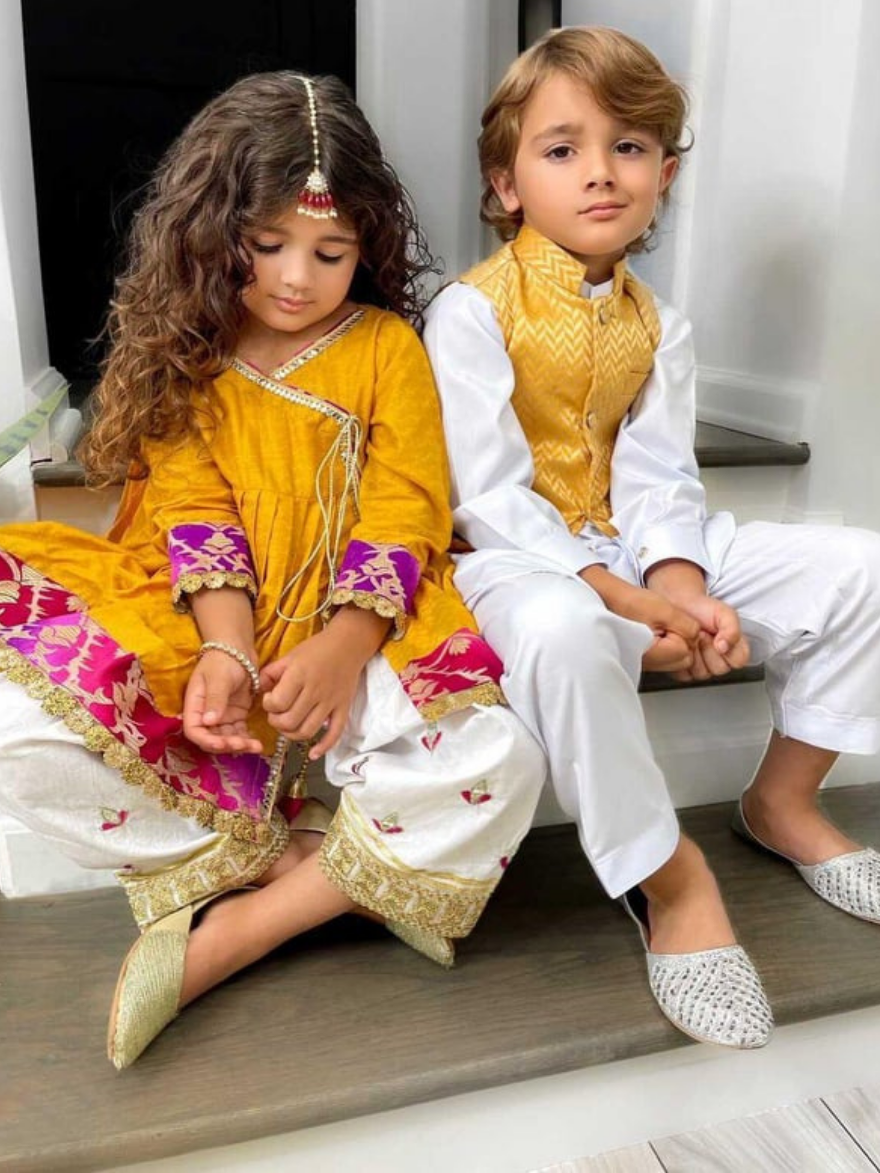 Mustard jacquard vest White shalwar and kameez in usa by zari