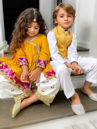 Mustard jacquard vest White shalwar and kameez in usa by zari